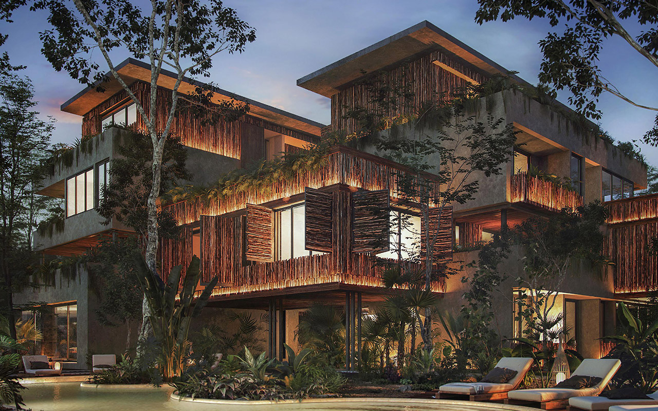 : Vista exterior de residencias en Humana Tulum, proyecto inmobiliario de Inmobilia.