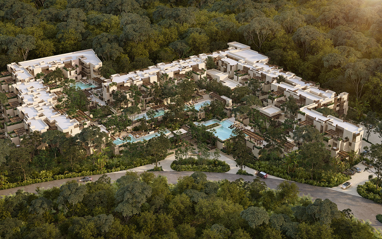 Aerial view by Inmobilia project, Gran Tulum in Tulum, Mexico.